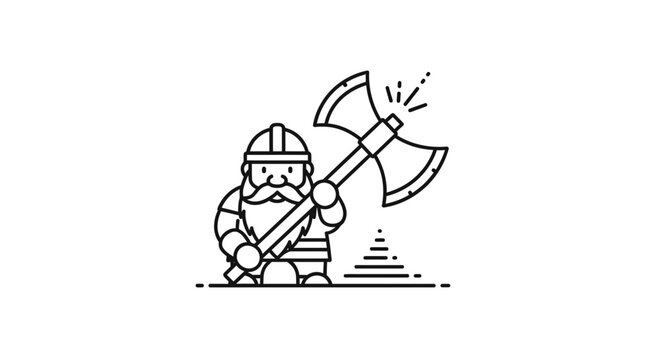 Charming line art illustration of a cheerful dwarf warrior holding a mighty shining double-bladed