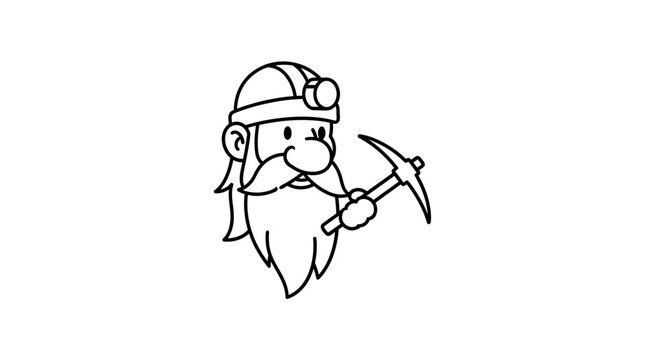 Charming line art illustration of a cheerful bearded miner wearing a helmet and headlamp, holding