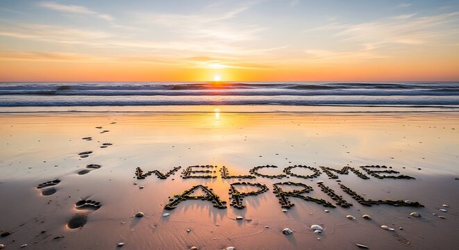 romantic proposal message written in sand at sunset beach with heart shape