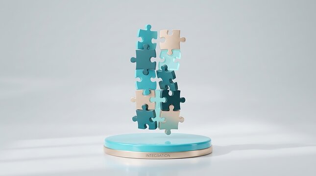Abstract Puzzle Pieces Assembled on a Podium Symbolizing Integration and Connection