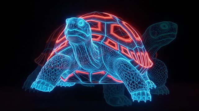 Futuristic Neon Wireframe Tortoise Glowing with Red and Blue Lights.