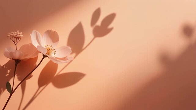 Delicate white flower casting soft shadows on a warm peach background.