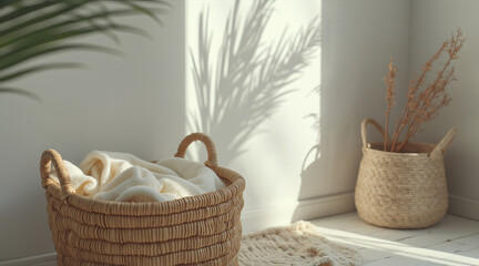 Fototapeta premium Natural fiber basket filled with cozy cream blanket, minimalist interior, palm leaf shadows, serene morning light, boho decor.