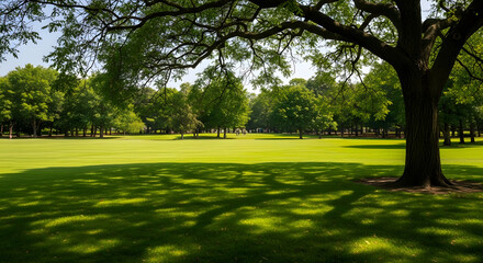 Obraz premium Shady Serenity: A panoramic view of a vibrant green park, the expansive lawn shaded by the sprawling branches of a grand tree, creating a tranquil atmosphere.