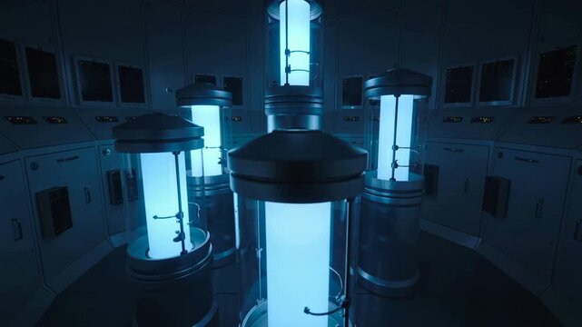 A futuristic laboratory with glowing blue cylinders, creating a sense of mystery and innovation.