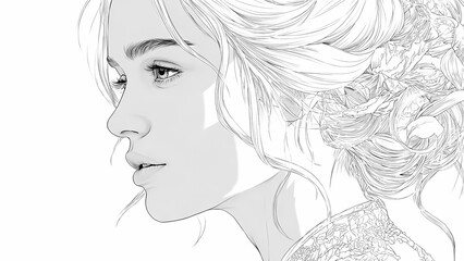 Fototapeta premium Woman Girl lineart white and black draw