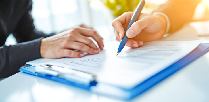 Close up of hand signing legal papers, office desk setting, professional paperwork, corporate agreement, business contract.