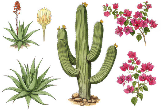 Detailed botanical drawings of desert cactus and pink bougainvillea, aloe vera, and flowering succulents, scientific art, plant anatomy, educational diagrams.