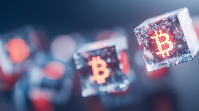Transparent cubes with glowing bitcoin symbols floating in space to symbolize cryptocurrency value, blockchain networks, and digital asset innovation.
