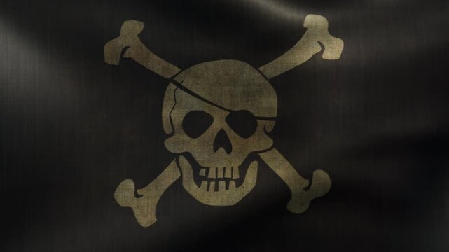 A waving black pirate flag with a skull symbol on textured fabric