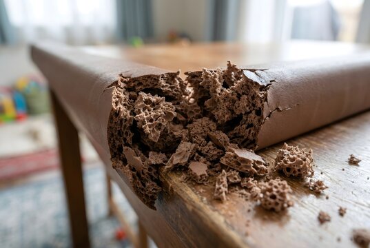 Macro close-up of a chewed and crumbling foam table corner protector