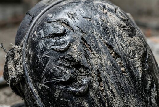 Macro close-up of a gouged and melted polyurethane industrial knee pad