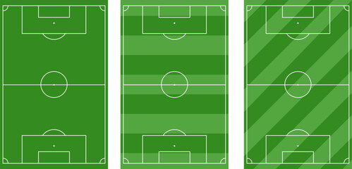 Professional football field aerial view diagrams with patterns, soccer pitch layout templates for sports planning, green grass turf texture with tactical markings © Miriian
