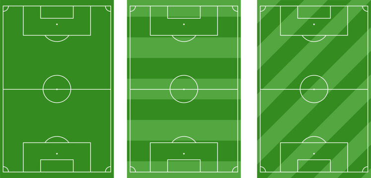 Professional football field aerial view diagrams with patterns, soccer pitch layout templates for sports planning, green grass turf texture with tactical markings