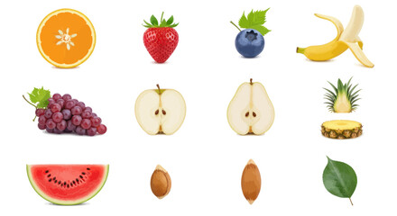Fototapeta premium Illustration of various fresh fruits including orange, strawberry, blueberry, banana, grapes, apple, pear, pineapple, watermelon, nuts, and leaf on white background for healthy food design