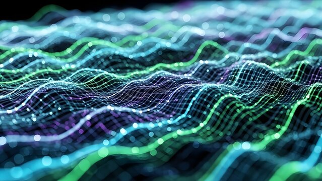 Abstract glowing data streams and particle waves creating a dynamic, futuristic digital network visualization