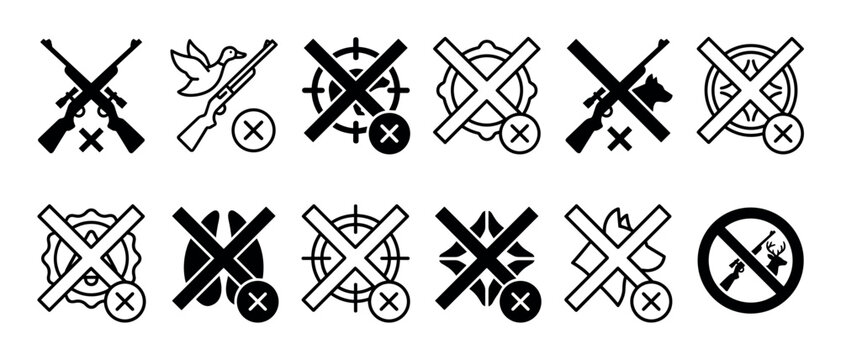 Collection of black no hunting icons showing prohibited animal shooting with crossed rifles, deer, and birds in a minimalist vector glyph style for warning signs and regulations