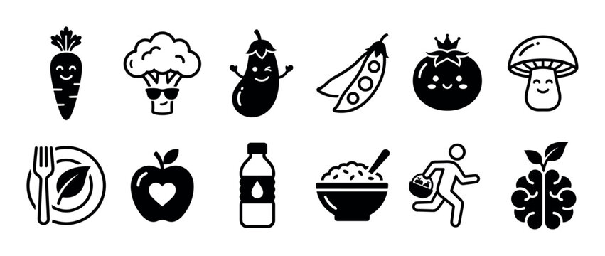 Collection of healthy food and lifestyle icons featuring cute kawaii vegetables, fruit, water, and symbols for exercise and mental well-being in a minimalist glyph style