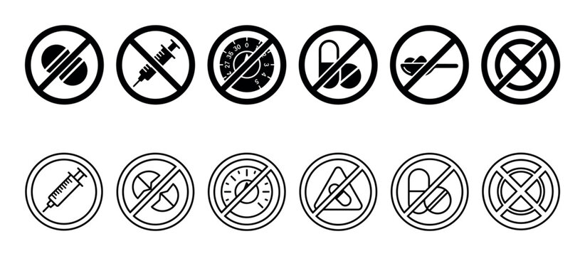 Collection of black prohibition icons showing banned substances and doping for sports, including pills, syringes, and capsules in a minimalist graphic vector style