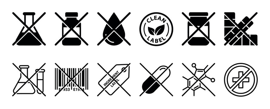 Set of black and white icons representing free from claims like no chemicals, additives, or preservatives, illustrating clean label product packaging concepts