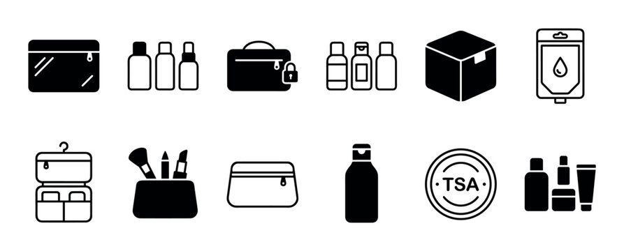 Collection of black travel and toiletry icons representing airport security rules for carry-on luggage, including small bottles, cosmetic bags, and a security approved seal