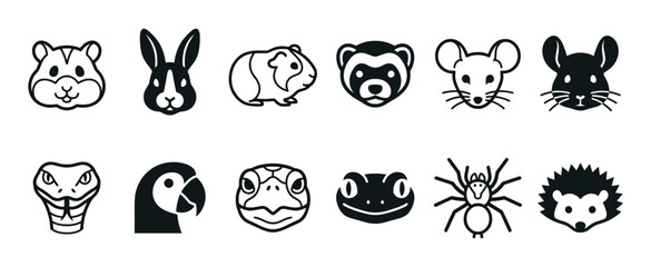 Fototapeta premium Collection of twelve black pet animal icons including rodents, reptiles, and exotic pets like a ferret, tarantula, and snake in a clean, minimalist line art and silhouette style