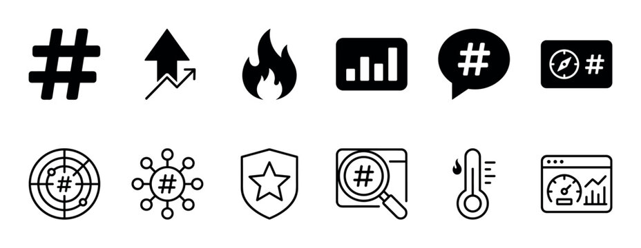 Set of black trending topic icons for social media engagement, including hashtag, flame, and analytics symbols in a minimalist glyph style for web and app design
