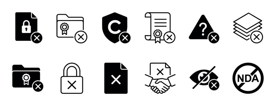 Set of black cancellation and rejection icons showing invalid documents, failed security, broken agreements, and deleted files for user interface design