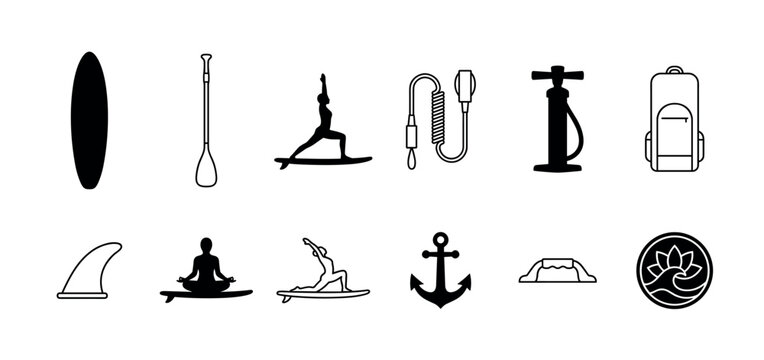 Stand-up paddleboard yoga and equipment icons set with a board, paddle, pump, leash, and human silhouettes in various poses, presented in a minimalist vector style