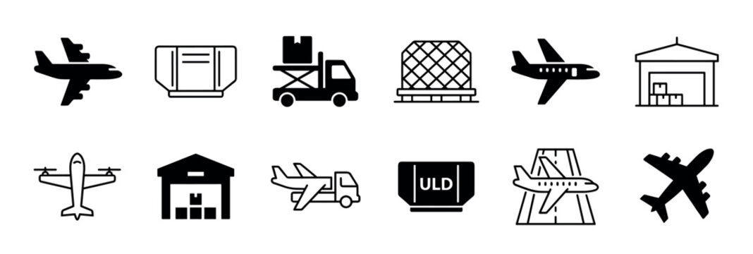 Collection of black air freight icons for logistics and transportation, featuring simple glyph and line art symbols of airplanes, cargo containers, warehouses, and airport vehicles