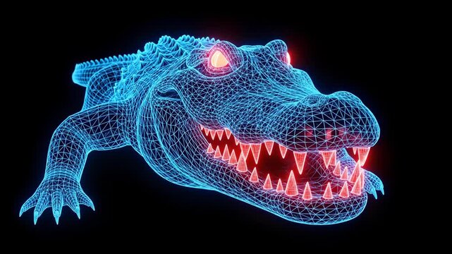 Futuristic Blue Wireframe Alligator with Glowing Red Eyes and Teeth.