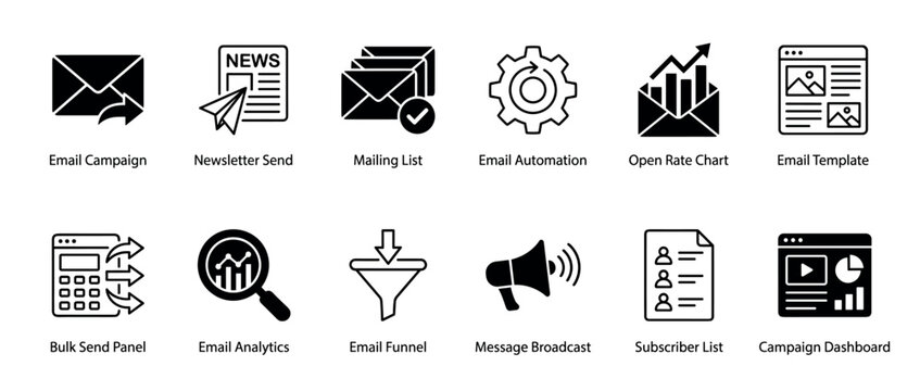 Twelve black email marketing icons representing concepts like campaign, newsletter, automation, analytics, funnel, and subscriber list, presented in a clean and simple glyph style