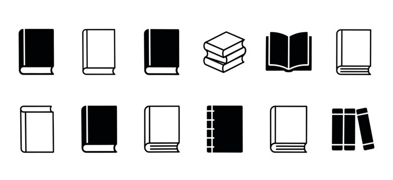 Set of black book icons in various styles, including solid glyph and outline designs showing closed, open, and stacked books for educational or library-themed concepts