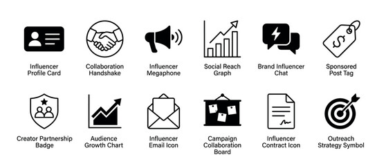 Fototapeta premium Set of black influencer marketing icons representing collaboration, social reach, sponsored posts, audience growth, and outreach strategy in a minimalist glyph style for digital media
