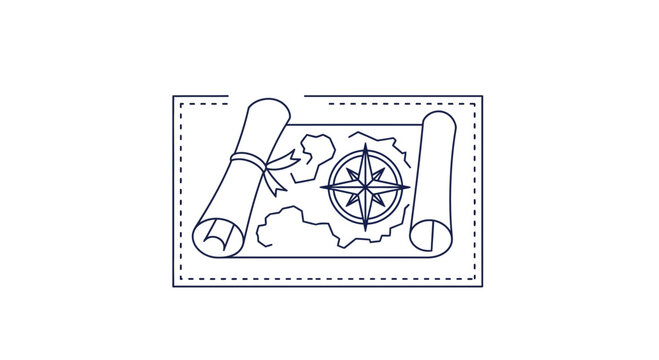 Minimalist outline illustration of a vintage treasure map with compass rose and scrolls on white