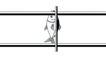 Obraz premium Minimalist black and white illustration of a fish divided by a vertical line framed horizontally