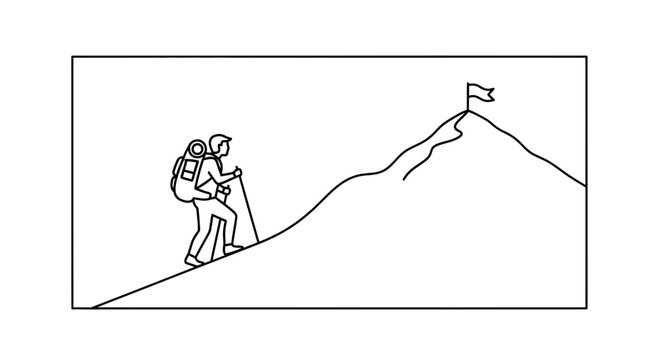 Solo adventurer conquers uphill journey towards a symbolic flag planted atop a distant mountain peak