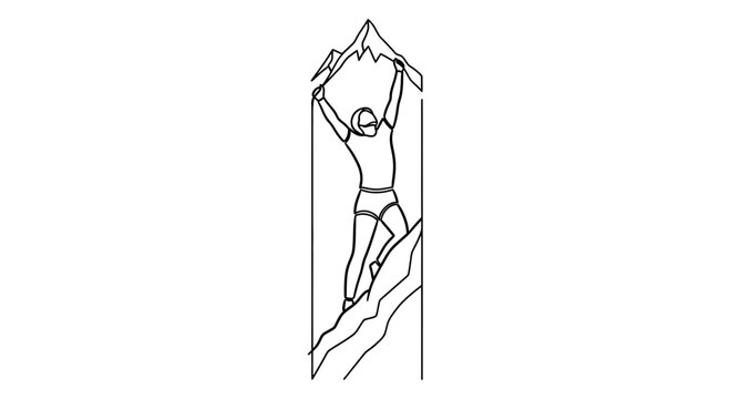 Striking minimalist outline of a victorious mountaineer reaching a lofty peak in triumph