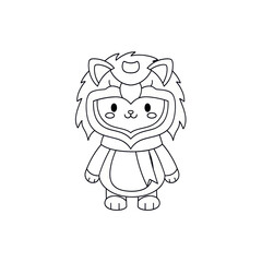 Fototapeta premium Cute cartoon kitten dressed in a lion costume line art, animal cosplay character illustration for kid coloring book or design