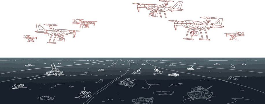 Several unmanned aerial vehicles fly above a dark, desolate battlefield littered with destroyed military vehicles and tanks.