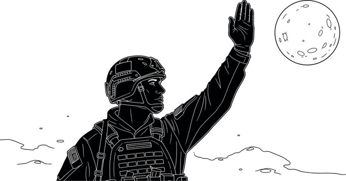 Determined soldier in military tactical gear raises his hand towards the distant moon, symbolizing future space exploration, a challenging mission, or a profound call to duty.