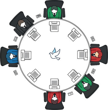 Diverse group of business people or delegates gathered around a round table for an important meeting, discussion, or peace negotiations, with a dove symbol representing unity.