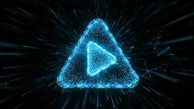 Blue digital particles form a play button inside a triangle on a dark background with light streaks