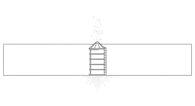 Conceptual line art illustration of a submerged or integrated storage silo with ascending bubbles