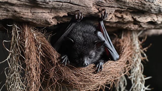 Black bat resting upside down on tree branch, wings folded, amidst natural fibers