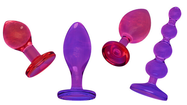 Butt plugs, adult sex toys, anal plugs and beads on a transparent background. 3d render, colourful glass material in red, pink and purple. Sexshop products.