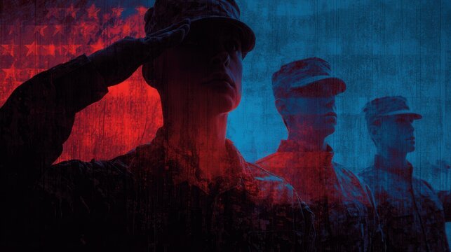 SIlhouette of american patriot soldiers saluting the US flag in the background, tribute to killed soldiers, army and military honor and pride, memorial day or veterans day celebration ??????