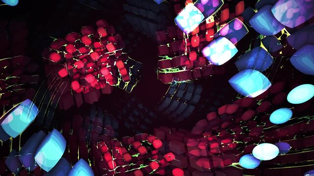 Colorful LED lights on stage ceiling.