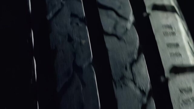 Close-up of a worn black tire tread with visible cracks and grooves, dark background