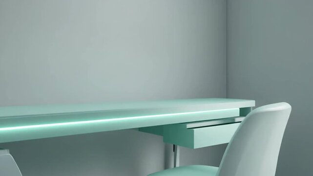 Minimalist Home Office Setup with Empty Desk and Chair in Serene Blue Tones.